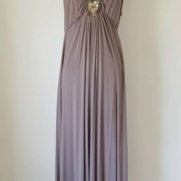 Boston Proper Knit Maxi Dress Sequin Beaded Size L Taupe Tie-back Long Formal - Picture 2 of 5